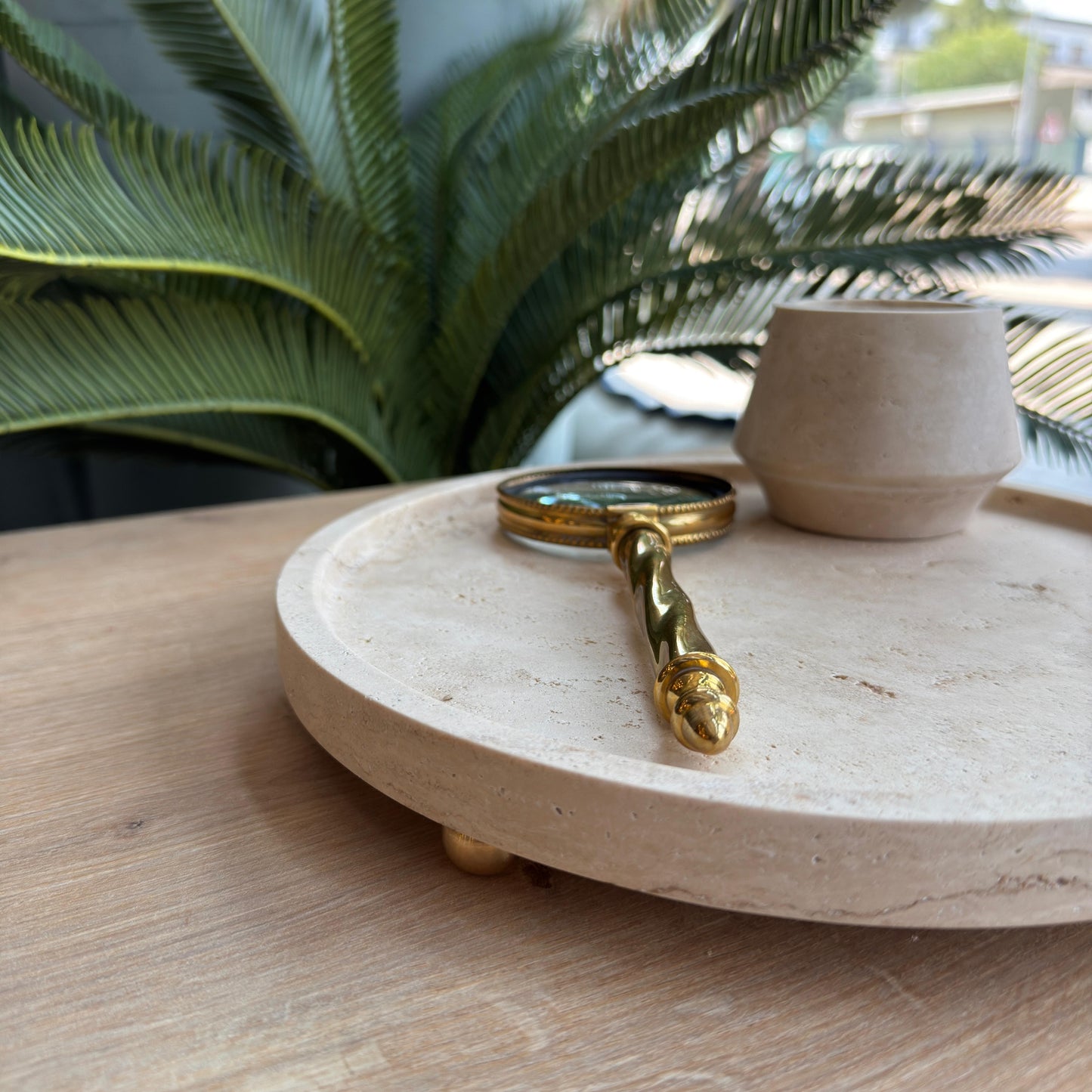Traverten Mermer Gold Top Ayaklı Sunum Tabağı , Traverten Mermer Sunumluk , Traverten Dekoratif Sunum Tabağı