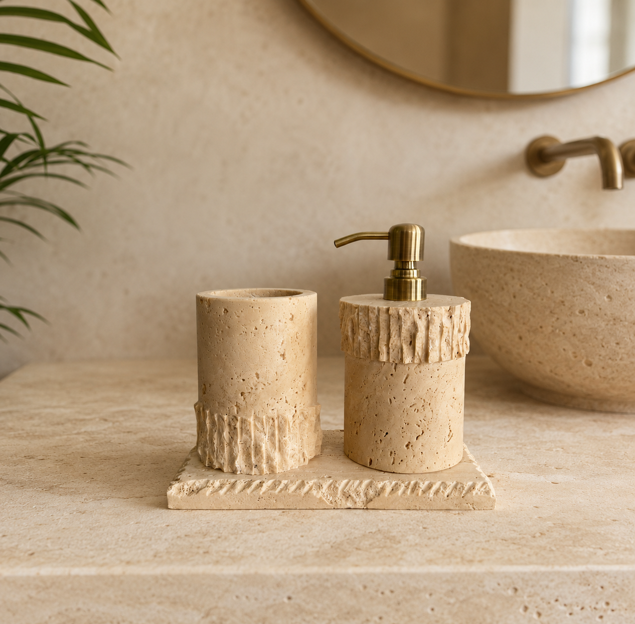 Traverten Mermer Patlatma Eskitme Metal Aparatlı 3'lü Banyo Seti