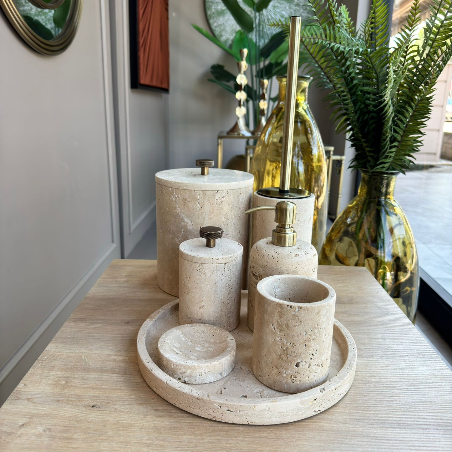 Traverten Mermer Banyo Seti , Traverten Mermer Eskitme Aparatlı Yedili Banyo Seti,