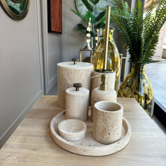 Traverten Mermer Banyo Seti , Traverten Mermer Eskitme Aparatlı Yedili Banyo Seti,