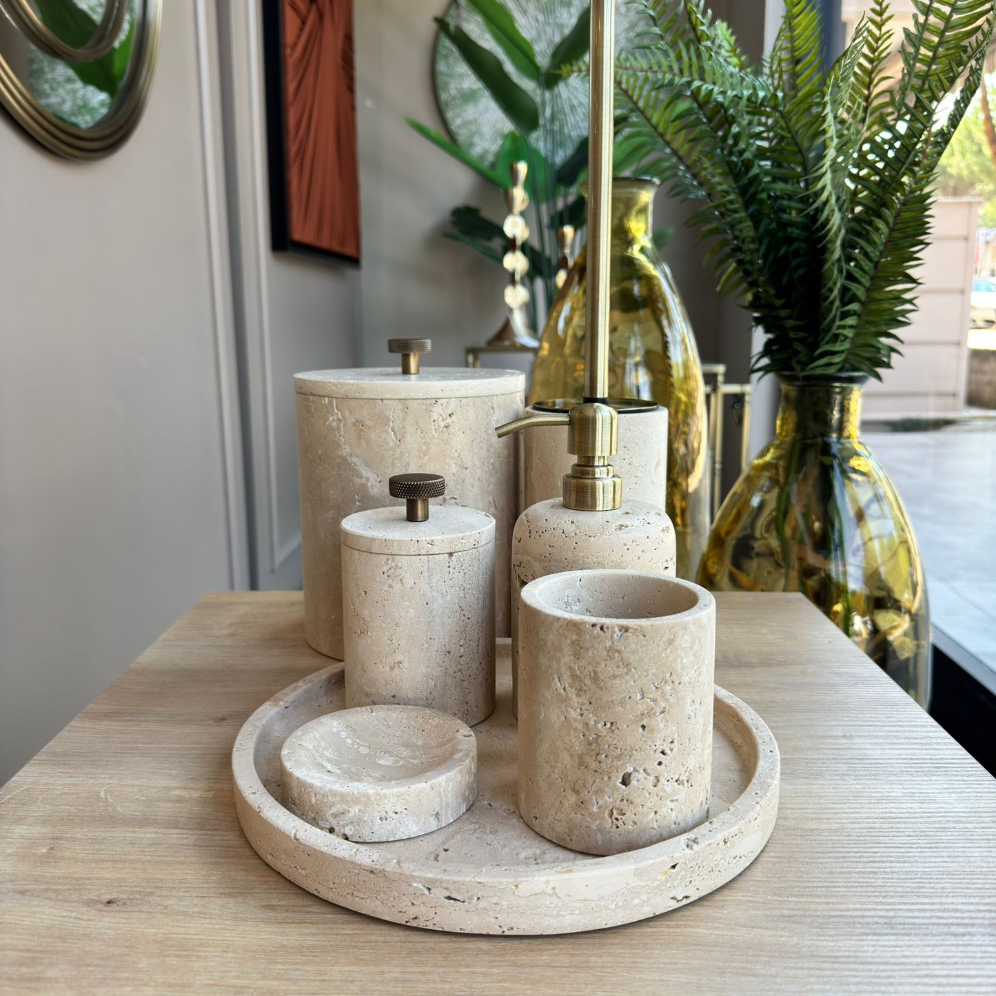 Traverten Mermer Banyo Seti , Traverten Mermer Eskitme Aparatlı Yedili Banyo Seti,